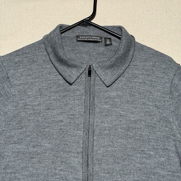 Saks Fifth Avenue Men’s Large Gray Merino Wool Blend Full Zip Knit Polo Sweater - Picture 4 of 9